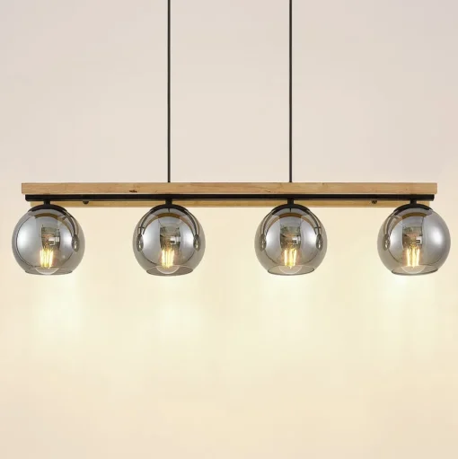 Lindby hanglamp Enrique, smoke, 4-lamps, glas, hout, E27