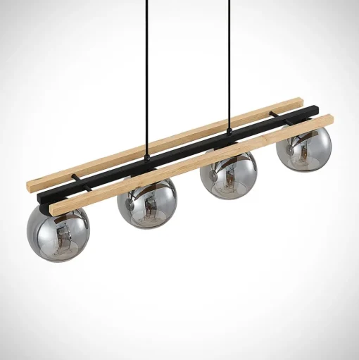 Lindby hanglamp Enrique, smoke, 4-lamps, glas, hout, E27