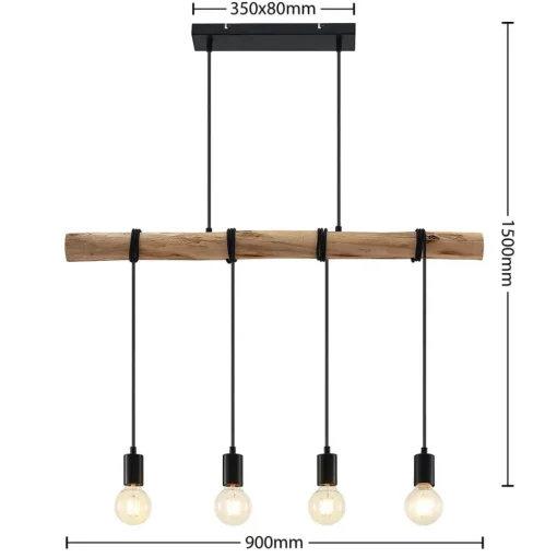 Lindby hanglamp Ferris, 4-lamps, 90cm, hout, E27