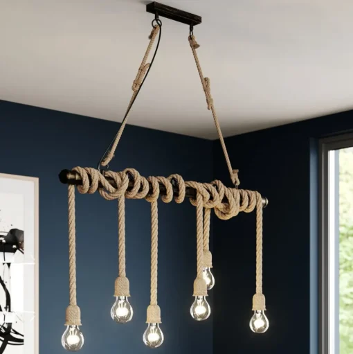 Lindby hanglamp Hajo, 100 cm, 6-lamps, touwpendel