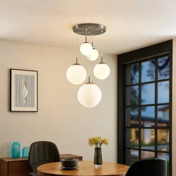 Lindby hanglamp Heleska, wit, glas, 5-lamps, Ø 50 cm