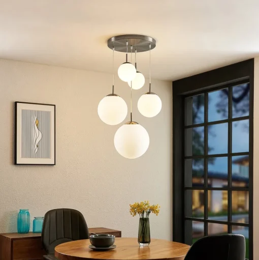 Lindby hanglamp Heleska, wit, glas, 5-lamps, Ø 50 cm