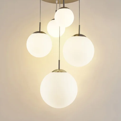 Lindby hanglamp Heleska, wit, glas, 5-lamps, Ø 50 cm