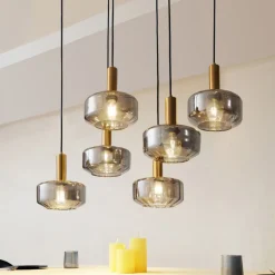 Lindby hanglamp Hildur, 6-lamps, rookgrijs, glas