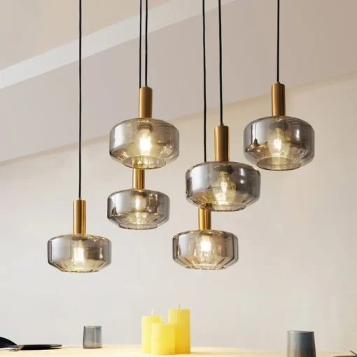 Lindby hanglamp Hildur, 6-lamps, rookgrijs, glas