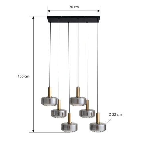 Lindby hanglamp Hildur, 6-lamps, rookgrijs, glas