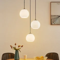 Lindby hanglamp Jurian, Ø 32 cm, 3-lamps, nikkel/opaal, glas