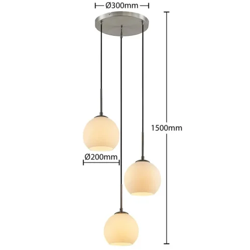 Lindby hanglamp Jurian, Ø 32 cm, 3-lamps, nikkel/opaal, glas