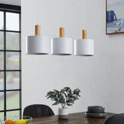 Lindby hanglamp Kadir, 73 cm, 3-lamps, wit, hout