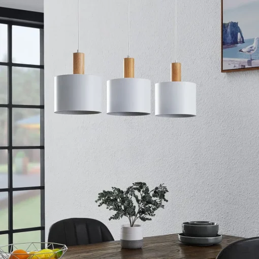 Lindby hanglamp Kadir, 73 cm, 3-lamps, wit, hout