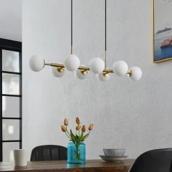 Lindby hanglamp Kiamo, 83 cm, messing, wit, glas, G9