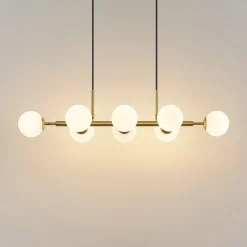 Lindby hanglamp Kiamo, 83 cm, messing, wit, glas, G9