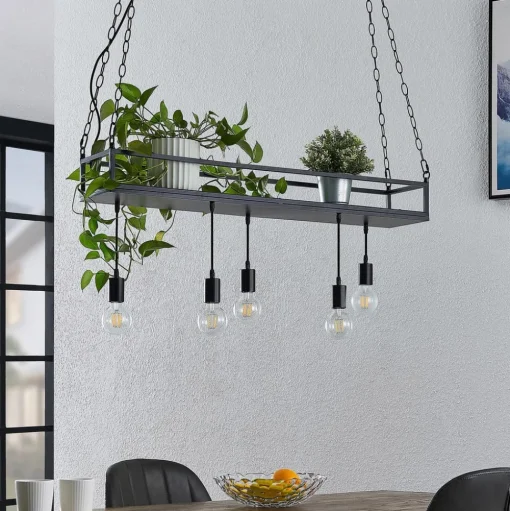 Lindby hanglamp Kirista, 5-lamps, zwart, metaal, 100cm