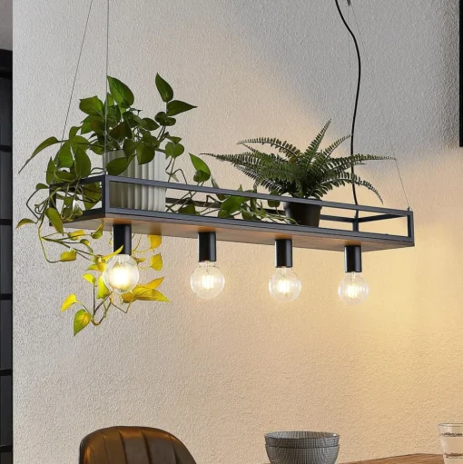 Lindby hanglamp Kirista, 4-lamps, zwart, hout, 100 cm