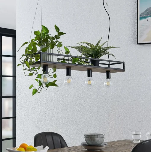 Lindby hanglamp Kirista, 4-lamps, zwart, hout, 100 cm