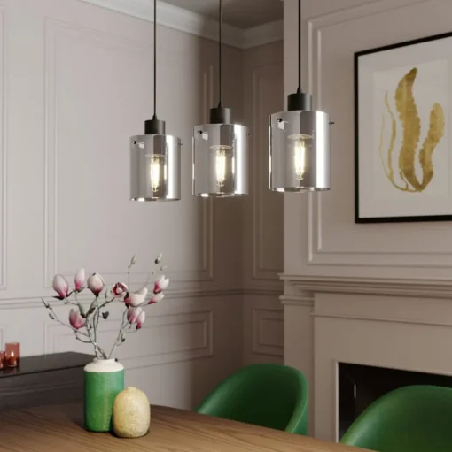 Lindby hanglamp Kourtney, 3-lamps, zwart/grijs, glas, E27