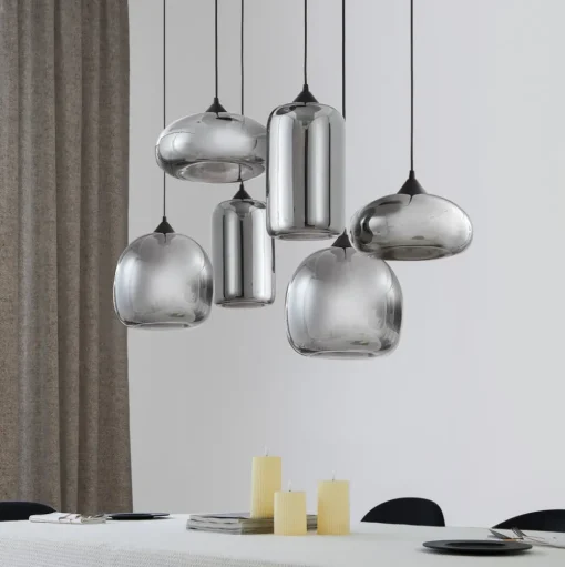 Lindby hanglamp Marla, 6-lamps, glas, rookgrijs, 108cm