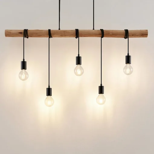 Lindby hanglamp Rom, 5-lamps, hout, touw, zwart, 116 cm
