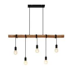 Lindby hanglamp Rom, 5-lamps, hout, touw, zwart, 116 cm
