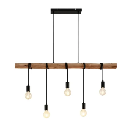 Lindby hanglamp Rom, 5-lamps, hout, touw, zwart, 116 cm