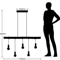Lindby hanglamp Rom, 5-lamps, hout, touw, zwart, 116 cm