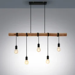 Lindby hanglamp Rom, 5-lamps, hout, touw, zwart, 116 cm