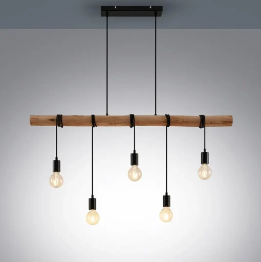 Lindby hanglamp Rom, 5-lamps, hout, touw, zwart, 116 cm