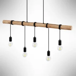 Lindby hanglamp Rom, 5-lamps, hout, touw, zwart, 116 cm