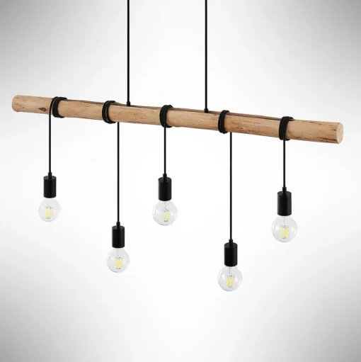 Lindby hanglamp Rom, 5-lamps, hout, touw, zwart, 116 cm