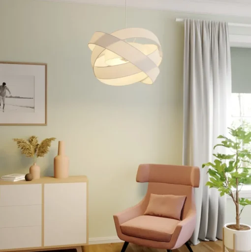 Lindby hanglamp Simaria, wit, textiel, Ø 60 cm, E27