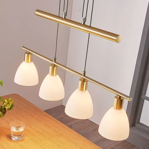 Lindby hanglamp Simeon, messingkleurig, glas, 73 cm, E14