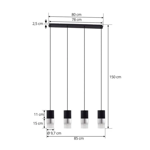 Lindby hanglamp Svante, 4-lamps, zwart, glas, 85 cm