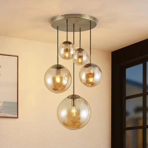 Lindby hanglamp Teeja, amber, 5-lamps, Ø50cm, glas, E27