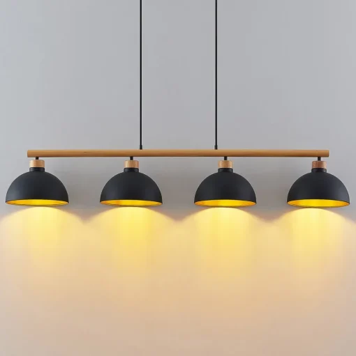 Lindby hanglamp Tirzana, 4-lamps, zwart, metaal, hout