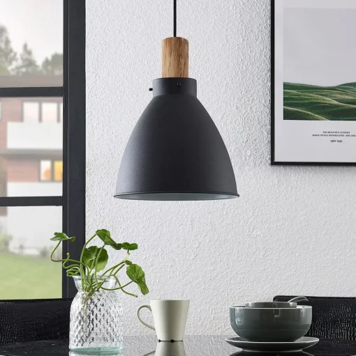 Lindby hanglamp Trebale, E27, Ø 28 cm, zwart, hout