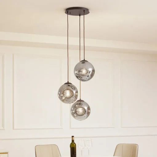 Lindby hanglamp Valentina, E27, Ø 49 cm, rookgrijs, glas