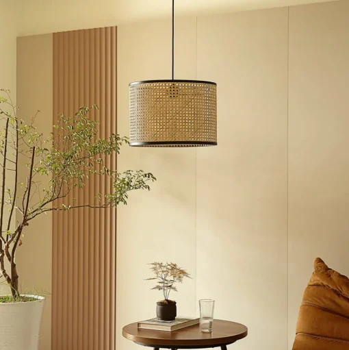 Lindby hanglamp Yaelle, Ø 40 cm, rotan, zwart, E27