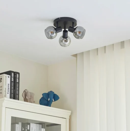 Lindby Hedvig plafondlamp, rond, zwart, 3-lamps.