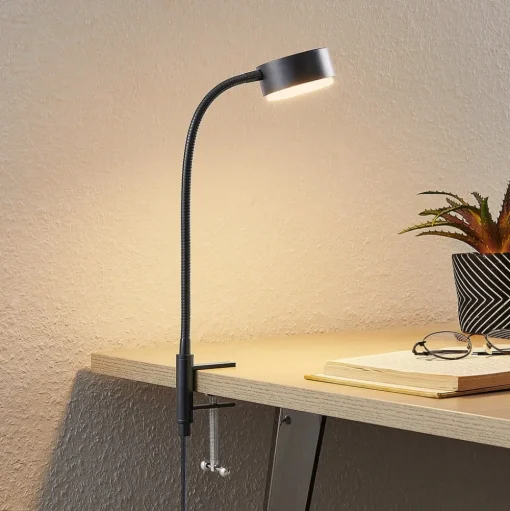 Lindby Kaylou klemlamp, zwart, flexibele arm, aluminium