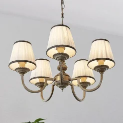 Lindby kroonluchter Lumiel, 5-lichts, crème/messing, textiel