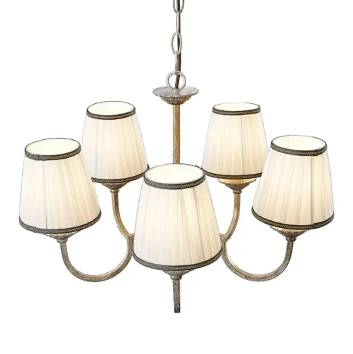 Lindby kroonluchter Lumiel, 5-lichts, crème/messing, textiel