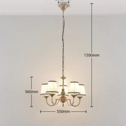 Lindby kroonluchter Lumiel, 5-lichts, crème/messing, textiel