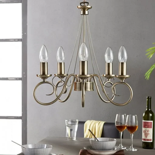 Lindby kroonluchter Marnia, 5-lamps, Ø 40 cm, brons antiek, E14