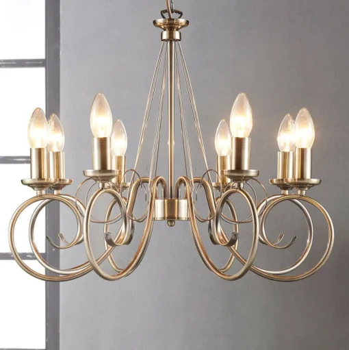 Lindby kroonluchter Marnia, 8-lamps, Ø 53 cm, antiek messing, E14