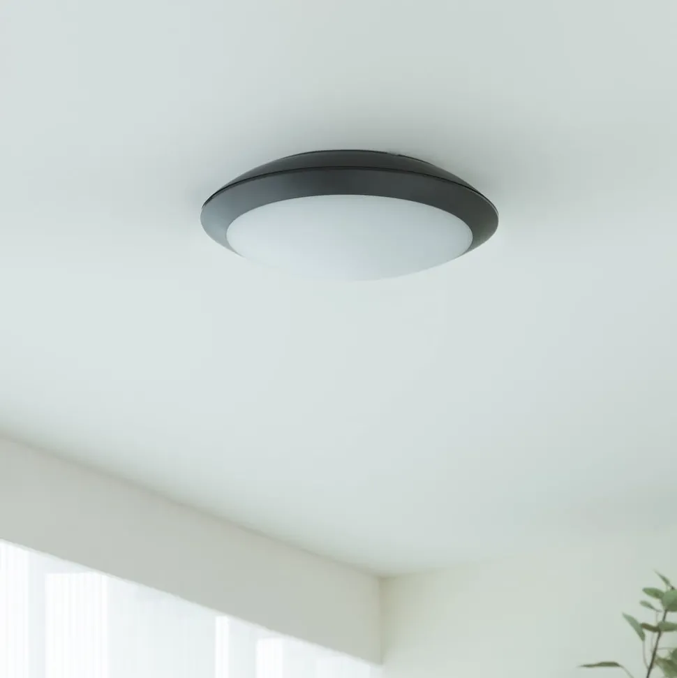 Lindby LED buiten plafondlamp Naira, grijs, sensor, 30 cm, IP65