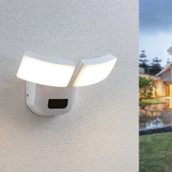 Lindby LED buiten wandlamp Nikias, 30 cm, sensor, 2-lamps, wit