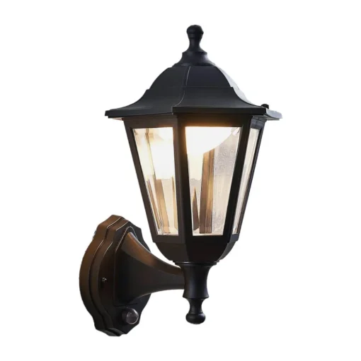 Lindby LED buiten wandlamp Iavo, sensor, zwart, lantaarn