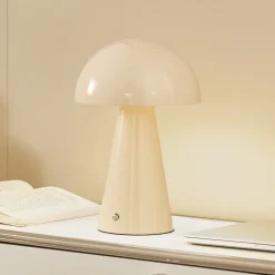 Lindby LED oplaadbare tafellamp Nevijo, beige, Ø20cm, USB, dimmer