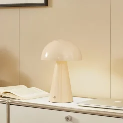 Lindby LED oplaadbare tafellamp Nevijo, beige, Ø20cm, USB, dimmer