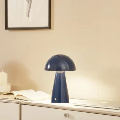 Lindby LED oplaadbare tafellamp Nevijo, blauw, Ø20cm, USB, dimmer